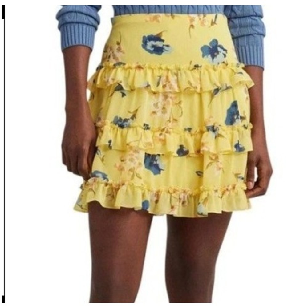 NWT Lauren Ralph Lauren Skirt Women's 10 Yellow Polyester Floral Tiered Ruffle